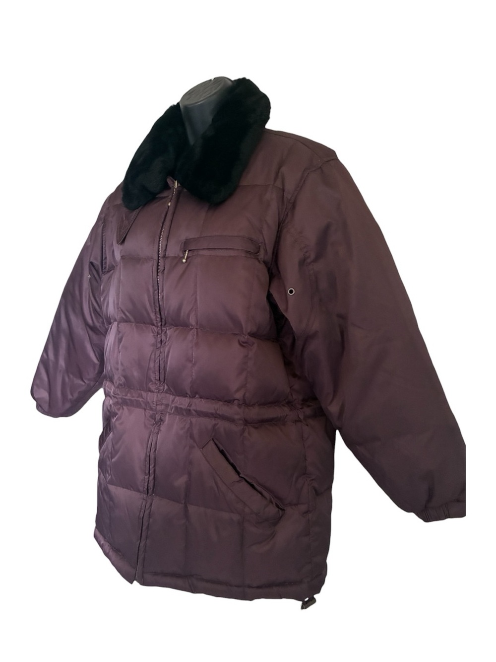 Vintage 90s Worthington Cabincore Plum Puffer Jacket Black Faux Fur Collar Sz PS - Picture 2 of 10